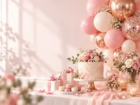 Pembe, krem ve rose-gold tonlarında balonlar ile hazırlanmış doğum günü masa dekoru