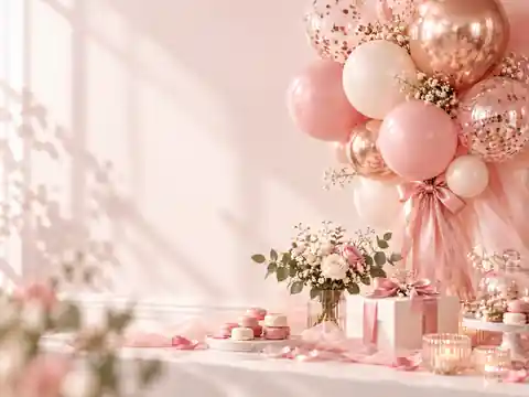Pembe ve rose-gold balonlar, hediyeler ve çiçeklerle hazırlanmış kutlama düzeni