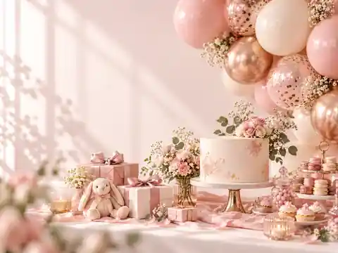 Pastel tonlarda balon, pasta, hediye ve dekor detaylarıyla hazırlanmış baby shower konsepti